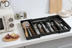 Kökslådorganisatör för bestick, utdragbar köksinsats, svart