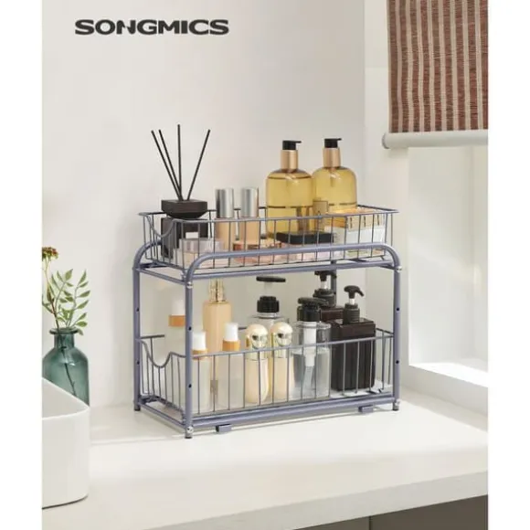 Köksorganisatör, 2 utdragbara lådor för skåp, stapelbar lådorganisatör, för kök, badrum, silver KCS017E01