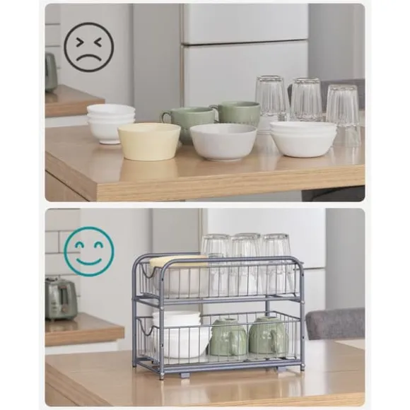 Köksorganisatör, 2 utdragbara lådor för skåp, stapelbar lådorganisatör, för kök, badrum, silver KCS017E01