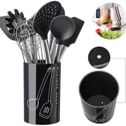 Köksredskap, 9 delar silikon köksredskap, non-stick och anti-skrapa med förvaringskärl i rostfritt stål