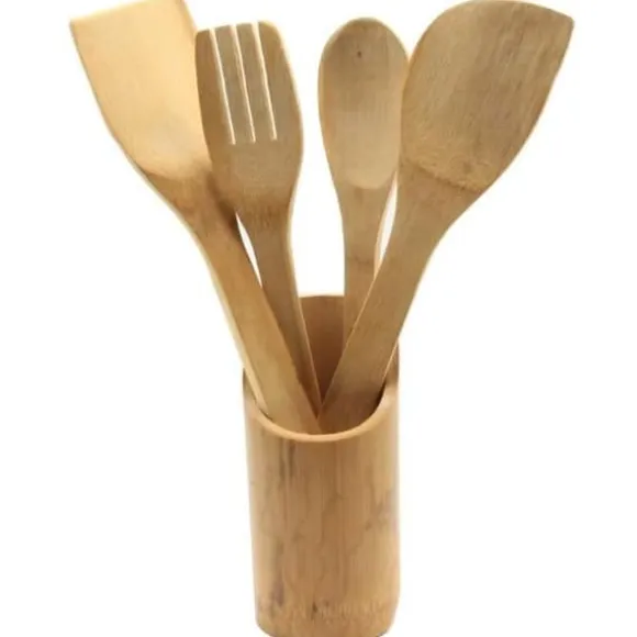 Köksredskap - Set med 4 i trä - Ställ i bambu - Miljövänlig - Hygienisk - Praktisk