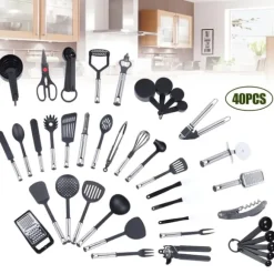 Köksredskap set - Matlagningsredskap 40 delar - Nylon & rostfritt stål - För matlagning & bakning - Rörning - Svart
