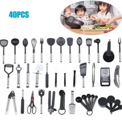 Köksredskap set - Matlagningsredskap 40 delar - Nylon & rostfritt stål - För matlagning & bakning - Rörning - Svart