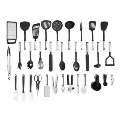 Köksredskapssats - 40 delar - Nylon & rostfritt stål - Värmebeständig - Skonsam mot non-stick - Hängbar design - Svart
