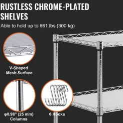 Köksredskapsvagn, 3 våningar, 661 LBS kapacitet, stålservicevagn, metallförvaring med 6 krokar för inomhus/outdoor.