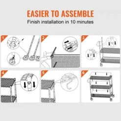 Köksredskapsvagn, 3 våningar, 661 LBS kapacitet, stålservicevagn, metallförvaring med 6 krokar för inomhus/outdoor.