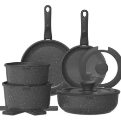 Kökstillbehör 15 Delar-YASHE, Stekpannor och Kastruller med Granitliknande Non-Stick Beläggning, Gas och Glaskeramik, grå