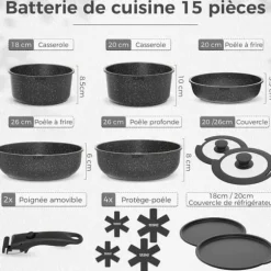 Kökstillbehör 15 Delar-YASHE, Stekpannor och Kastruller med Granitliknande Non-Stick Beläggning, Gas och Glaskeramik, grå