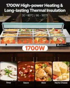 Kommersiell buffévärmare och matvärmare - Elektrisk bain-marie bänkmodell - Rostfritt stål - 1700 W - 12 pannor - Soppslev och perforerad slev