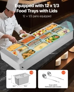 Kommersiell buffévärmare och matvärmare - Elektrisk bain-marie bänkmodell - Rostfritt stål - 1700 W - 12 pannor - Soppslev och perforerad slev