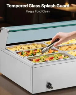 Kommersiell buffévärmare och matvärmare - Elektrisk bain-marie bänkmodell - Rostfritt stål - 1700 W - 12 pannor - Soppslev och perforerad slev