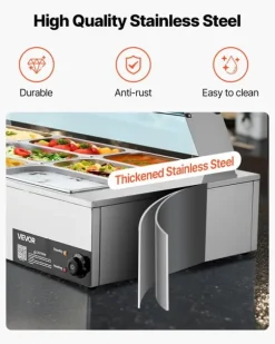 Kommersiell buffévärmare och matvärmare - Elektrisk bain-marie bänkmodell - Rostfritt stål - 1700 W - 12 pannor - Soppslev och perforerad slev