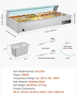 Kommersiell buffévärmare och matvärmare - Elektrisk bain-marie bänkmodell - Rostfritt stål - 1700 W - 12 pannor - Soppslev och perforerad slev