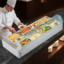 Kommersiell buffévärmare och matvärmare - Elektrisk bain-marie bänkmodell - Rostfritt stål - 1700 W - 12 pannor - Soppslev och perforerad slev