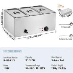 Kommersiell Elektrisk Matvärmare 3-Pannor Bänkskiva Buffé 16,5L Bain Marie, effektiv värmelösning för restauranger och catering