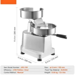 Kommersiell hamburgerbiffmaskin 150 mm, kraftig rostfri skål, köksmaskin för köttformning med 1000 pattypapper.