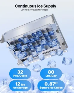Kommersiell ismaskin - Fristående isbitsmaskin - 36 kg/24 h - 5,4 kg isförvaring - 32 isbitar/cykel - LED-display - Självrengöring - Rostfritt stål