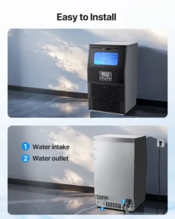 Kommersiell ismaskin - Fristående isbitsmaskin - 36 kg/24 h - 5,4 kg isförvaring - 32 isbitar/cykel - LED-display - Självrengöring - Rostfritt stål