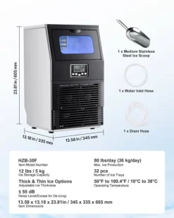 Kommersiell ismaskin - Fristående isbitsmaskin - 36 kg/24 h - 5,4 kg isförvaring - 32 isbitar/cykel - LED-display - Självrengöring - Rostfritt stål