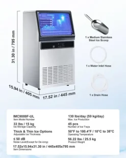 Kommersiell ismaskin/isbitsmaskin - Underbänk/fristående - Kapacitet 59 kg/dygn - Förvaring 15 kg - Rostfritt stål - Självrengöring