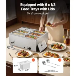 Kommersiell Matvärmare, 1500W Elektrisk, Rostfritt Stål, 6 Pannor, Snabbvärmande, för Catering och Fester