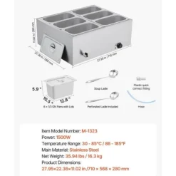 Kommersiell Matvärmare, 1500W Elektrisk, Rostfritt Stål, 6 Pannor, Snabbvärmande, för Catering och Fester