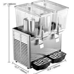 Kommersiell rostfri kalldrycksdispenser för fruktjuice och iste, 2 tankar, 6,4 gallon, med termostatkontroll.