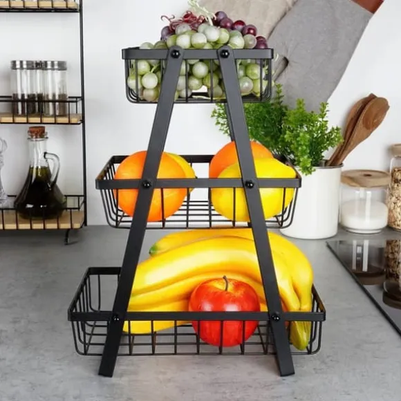 Korg för frukt och grönsaker, svart, metall, 3-vånings, VILDE 229111