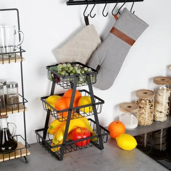 Korg för frukt och grönsaker, svart, metall, 3-vånings, VILDE 229111
