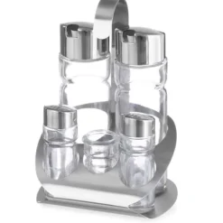 Kryddset i rostfritt stål salt peppar olivolja vinvinäger tandpetare - Hendi 465363