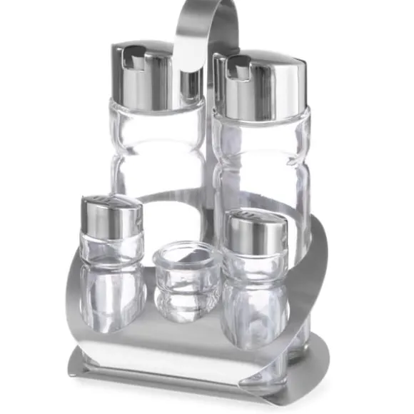 Kryddset i rostfritt stål salt peppar olivolja vinvinäger tandpetare - Hendi 465363