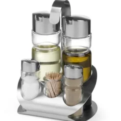 Kryddset i rostfritt stål salt peppar olivolja vinvinäger tandpetare - Hendi 465363
