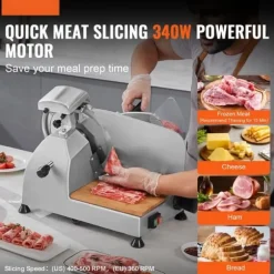 Köttskärare 340 W, 10" rostfritt stålblad, justerbar tjocklek 0-15 mm, perfekt för kommersiellt och hemmabruk.