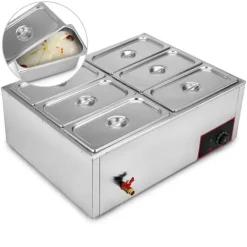 1,2KW 30-85°C justerbar 6-pannor elektrisk matvärmare med kran, stor kapacitet, snabb värmeöverföring