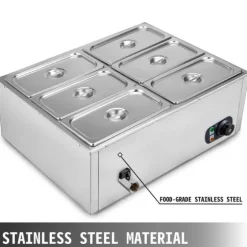 1,2KW 30-85°C justerbar 6-pannor elektrisk matvärmare med kran, stor kapacitet, snabb värmeöverföring