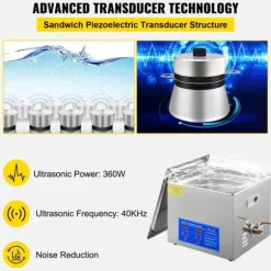 15L 60A Ultraschallsrengörare med värme 360W i rostfritt stål för glasögon, smycken, tandproteser, mynt osv. (15L)