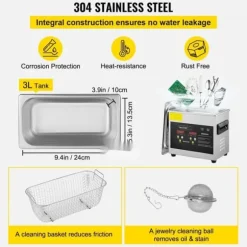 3L digital ultraljudsrenare, uppvärmning, timer, rengöring av smycken och glas