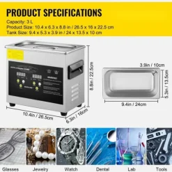 3L digital ultraljudsrenare, uppvärmning, timer, rengöring av smycken och glas