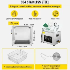15L Digital Ultrasonic Rengöring, Värme, Timer, 600W, 40KHz, Rengöringsmaskin