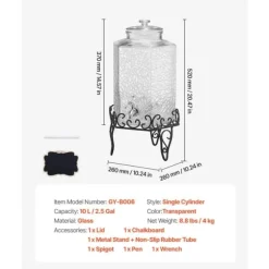 10L Dryckesdispenser, Festdryckesdispenser i Glas, Inklusive Stativ