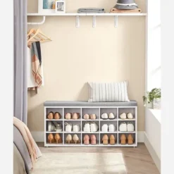 LHS15WT Skobänk Skoställ med sits med dyna och 15 fack Förvaringsställ för hall Rymmer upp till 200 kg Vitgrå