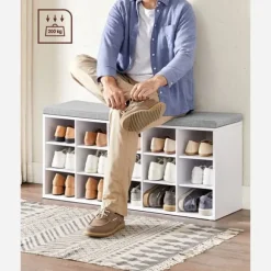 LHS15WT Skobänk Skoställ med sits med dyna och 15 fack Förvaringsställ för hall Rymmer upp till 200 kg Vitgrå