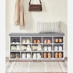 LHS15WT Skobänk Skoställ med sits med dyna och 15 fack Förvaringsställ för hall Rymmer upp till 200 kg Vitgrå
