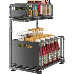 Lollanda Förvaringshylla–Dubbel lager L-form utdragbar skåphylla, Förvaring under diskbänk, krydd- och dryckshållare, Höjd justerbar, Köksförvaring