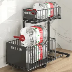 Lollanda Förvaringshylla–Dubbel lager L-form utdragbar skåphylla, Förvaring under diskbänk, krydd- och dryckshållare, Höjd justerbar, Köksförvaring