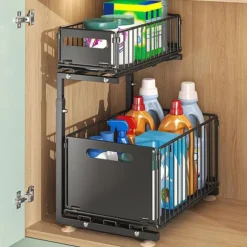 Lollanda Förvaringshylla–Dubbel lager L-form utdragbar skåphylla, Förvaring under diskbänk, krydd- och dryckshållare, Höjd justerbar, Köksförvaring