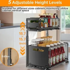 Lollanda Förvaringshylla–Dubbel lager L-form utdragbar skåphylla, Förvaring under diskbänk, krydd- och dryckshållare, Höjd justerbar, Köksförvaring