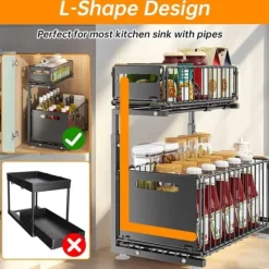 Lollanda Förvaringshylla–Dubbel lager L-form utdragbar skåphylla, Förvaring under diskbänk, krydd- och dryckshållare, Höjd justerbar, Köksförvaring