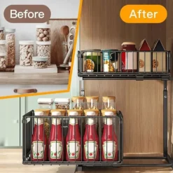 Lollanda Förvaringshylla–Dubbel lager L-form utdragbar skåphylla, Förvaring under diskbänk, krydd- och dryckshållare, Höjd justerbar, Köksförvaring