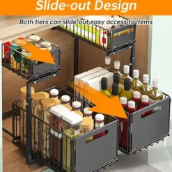 Lollanda Förvaringshylla–Dubbel lager L-form utdragbar skåphylla, Förvaring under diskbänk, krydd- och dryckshållare, Höjd justerbar, Köksförvaring